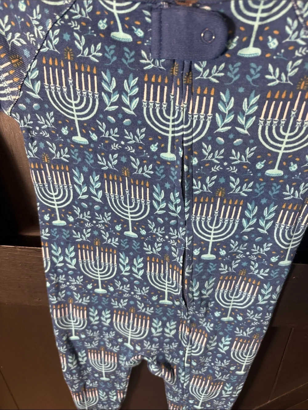Blue Holiday Menorah Footed One-Piece Pajamas for Kids